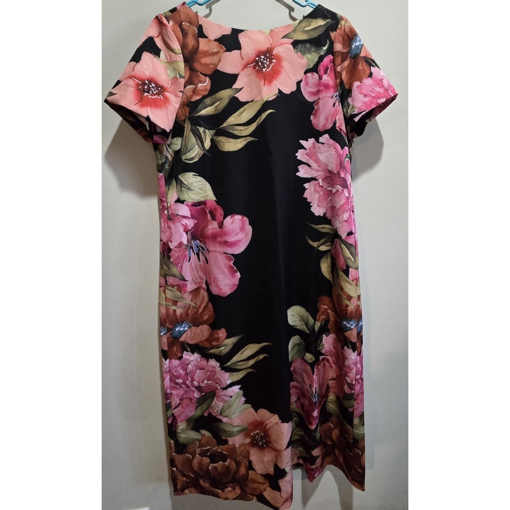 Mestiza New York Floral Sheath Dress Women's L Black Pink Short Sleeve Tie Back
